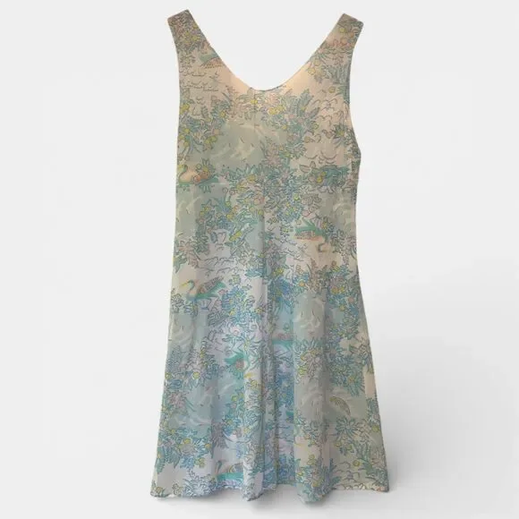 VTG Mistee Nylon Mini Slip Sheer Dress Crane Pattern Psychedelic Fairy Whimsy